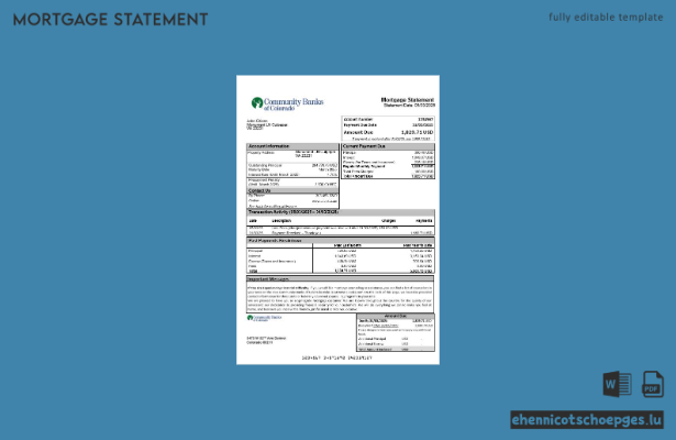 USA Community Banks of Colorado: Hypothekenabrechnung in Word- und PDF-Formaten (Beispielvorschau)